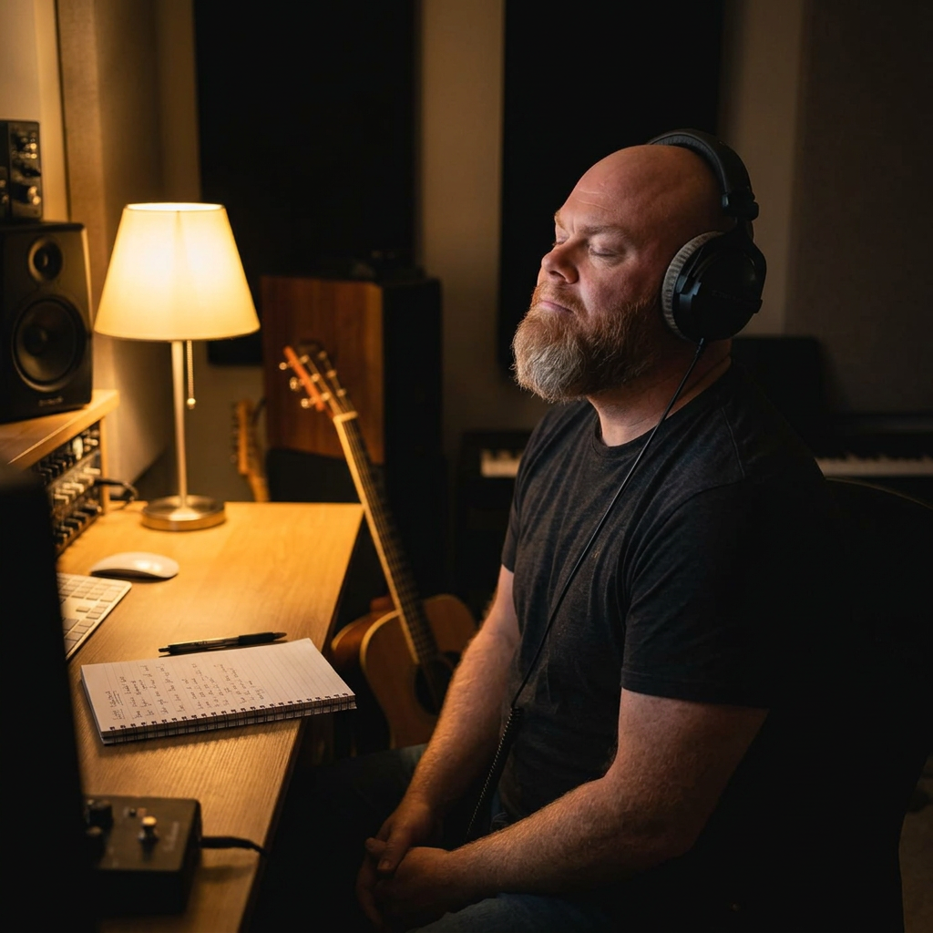 Craig Clements at his desk wearing headphones in a dim home studio