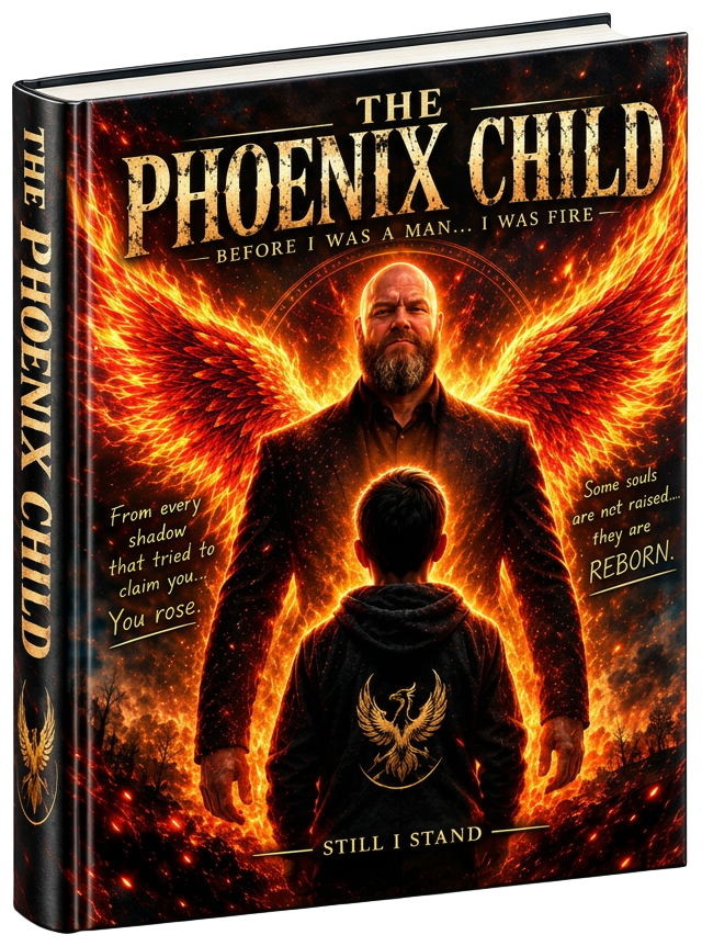 The Phoenix Child — hardcover book cover showing burning wings rising behind a boy in a hooded sweatshirt